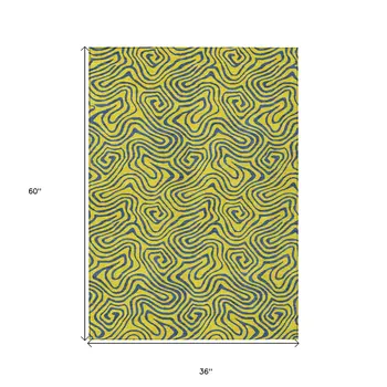 3' X 5' Yellow And Blue Abstract Washable Indoor Outdoor Area Rug