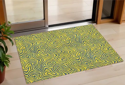 3' X 5' Yellow And Blue Abstract Washable Indoor Outdoor Area Rug