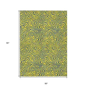 5' X 8' Yellow And Blue Abstract Washable Indoor Outdoor Area Rug