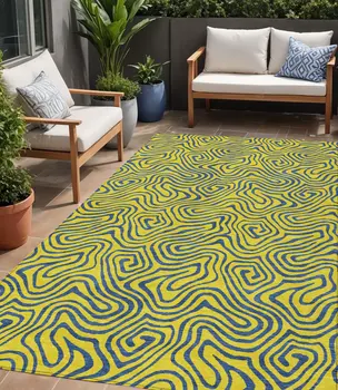 5' X 8' Yellow And Blue Abstract Washable Indoor Outdoor Area Rug