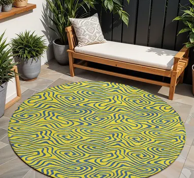 8' Yellow And Blue Round Abstract Washable Indoor Outdoor Area Rug