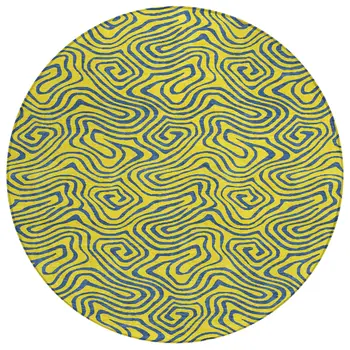 8' Yellow And Blue Round Abstract Washable Indoor Outdoor Area Rug