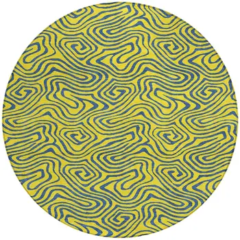 8' Yellow And Blue Round Abstract Washable Indoor Outdoor Area Rug