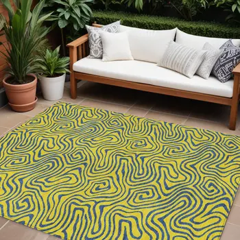 8' X 10' Yellow And Blue Abstract Washable Indoor Outdoor Area Rug