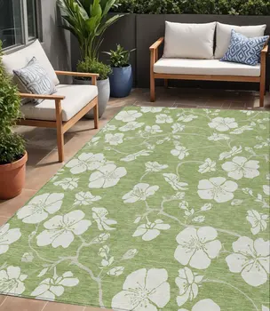 5' X 8' Artichoke Green And Ivory Floral Washable Indoor Outdoor Area Rug