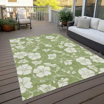 5' X 8' Artichoke Green And Ivory Floral Washable Indoor Outdoor Area Rug