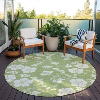 8' Artichoke Green And Ivory Round Floral Washable Indoor Outdoor Area Rug