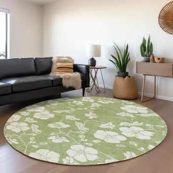 8' Artichoke Green And Ivory Round Floral Washable Indoor Outdoor Area Rug