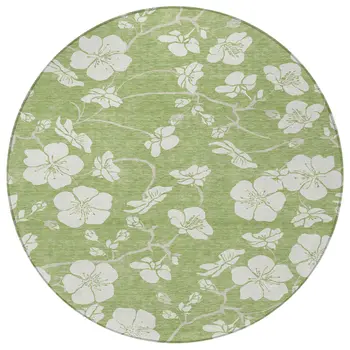 8' Artichoke Green And Ivory Round Floral Washable Indoor Outdoor Area Rug