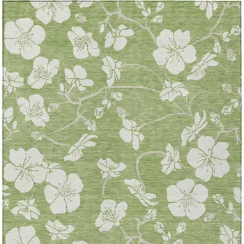 8' X 10' Artichoke Green And Ivory Floral Washable Indoor Outdoor Area Rug