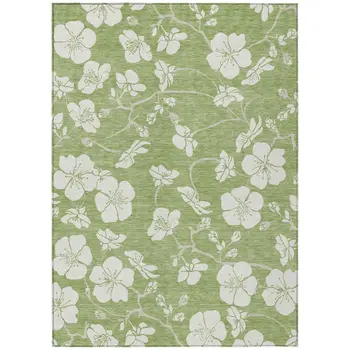 8' X 10' Artichoke Green And Ivory Floral Washable Indoor Outdoor Area Rug