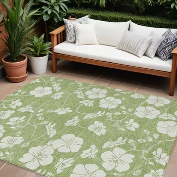 9' X 12' Artichoke Green And Ivory Floral Washable Indoor Outdoor Area Rug