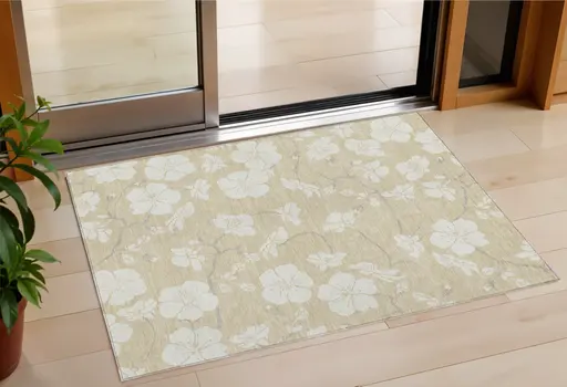 3' X 5' Beige And Ivory Floral Washable Indoor Outdoor Area Rug