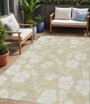 5' X 8' Beige And Ivory Floral Washable Indoor Outdoor Area Rug