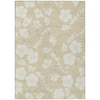 5' X 8' Beige And Ivory Floral Washable Indoor Outdoor Area Rug