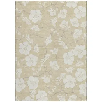 5' X 8' Beige And Ivory Floral Washable Indoor Outdoor Area Rug