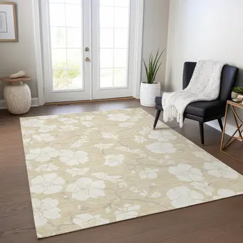 5' X 8' Beige And Ivory Floral Washable Indoor Outdoor Area Rug