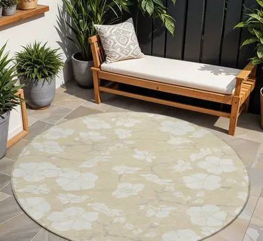 8' Beige And Ivory Round Floral Washable Indoor Outdoor Area Rug