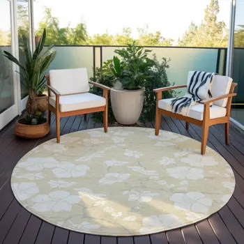 8' Beige And Ivory Round Floral Washable Indoor Outdoor Area Rug