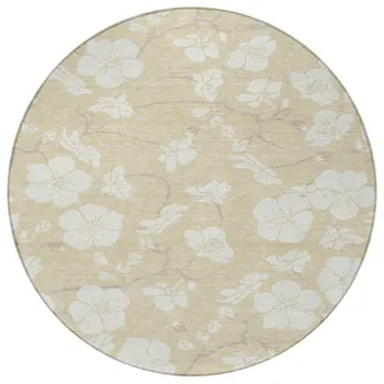 8' Beige And Ivory Round Floral Washable Indoor Outdoor Area Rug