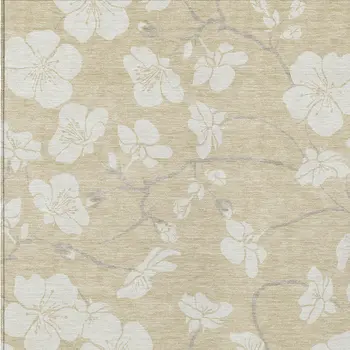 10' X 14' Beige And Ivory Floral Washable Indoor Outdoor Area Rug