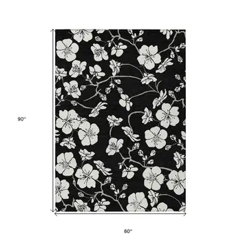 5' X 8' Black Ivory And Gray Floral Washable Indoor Outdoor Area Rug