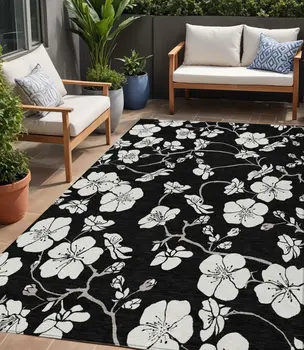 5' X 8' Black Ivory And Gray Floral Washable Indoor Outdoor Area Rug