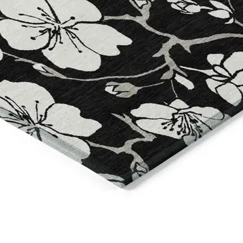5' X 8' Black Ivory And Gray Floral Washable Indoor Outdoor Area Rug