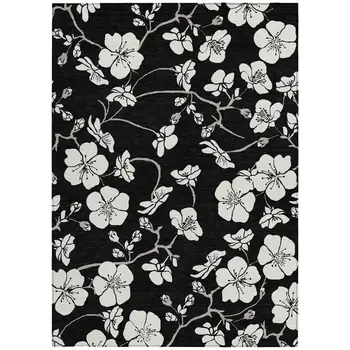 5' X 8' Black Ivory And Gray Floral Washable Indoor Outdoor Area Rug
