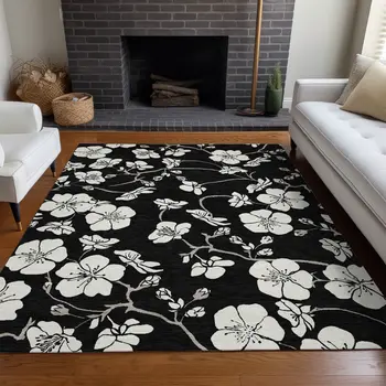 5' X 8' Black Ivory And Gray Floral Washable Indoor Outdoor Area Rug