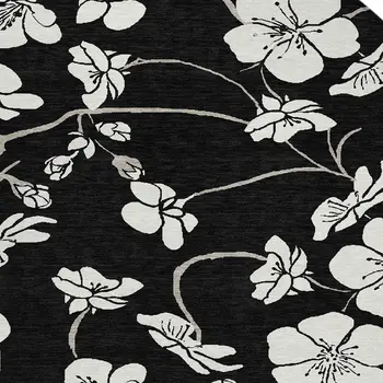 8' Black Ivory And Gray Round Floral Washable Indoor Outdoor Area Rug