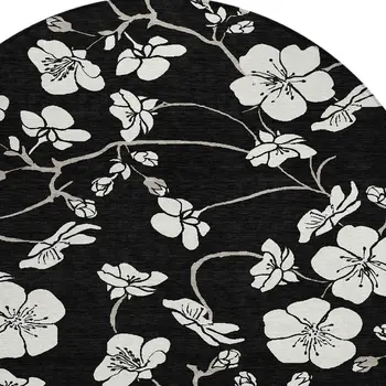 8' Black Ivory And Gray Round Floral Washable Indoor Outdoor Area Rug