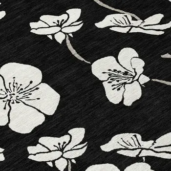 8' Black Ivory And Gray Round Floral Washable Indoor Outdoor Area Rug
