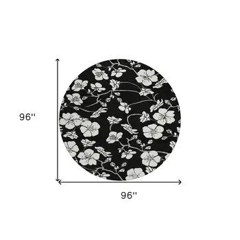 8' Black Ivory And Gray Round Floral Washable Indoor Outdoor Area Rug