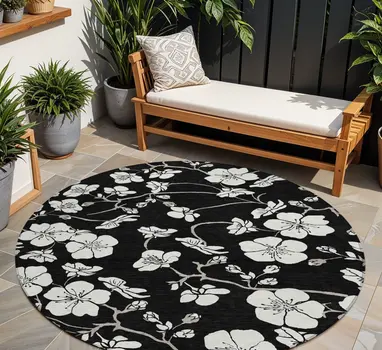 8' Black Ivory And Gray Round Floral Washable Indoor Outdoor Area Rug