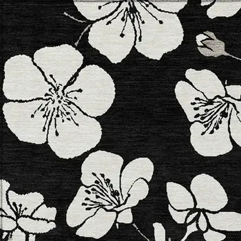 8' X 10' Black Ivory And Gray Floral Washable Indoor Outdoor Area Rug