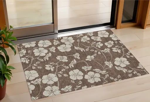 3' X 5' Brown And Beige Floral Washable Indoor Outdoor Area Rug