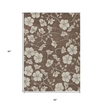 5' X 8' Brown And Beige Floral Washable Indoor Outdoor Area Rug