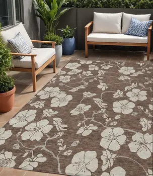 5' X 8' Brown And Beige Floral Washable Indoor Outdoor Area Rug