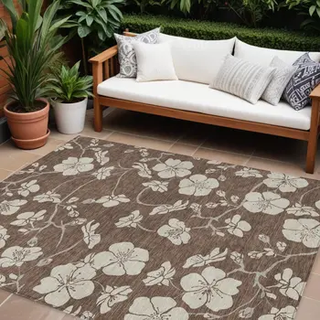10' X 14' Brown And Beige Floral Washable Indoor Outdoor Area Rug