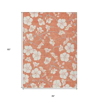 3' X 5' Coral Ivory And Gray Floral Washable Indoor Outdoor Area Rug