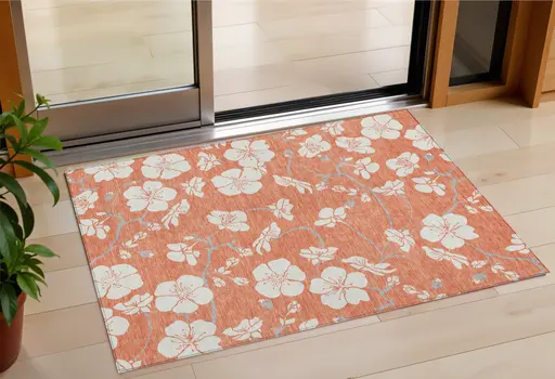 3' X 5' Coral Ivory And Gray Floral Washable Indoor Outdoor Area Rug