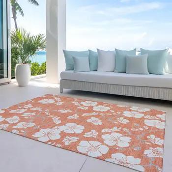 5' X 8' Coral Ivory And Gray Floral Washable Indoor Outdoor Area Rug