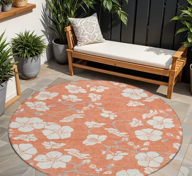 8' Coral Ivory And Gray Round Floral Washable Indoor Outdoor Area Rug