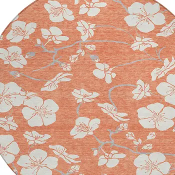 8' Coral Ivory And Gray Round Floral Washable Indoor Outdoor Area Rug