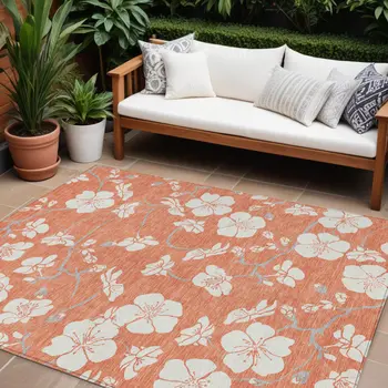 8' X 10' Coral Ivory And Gray Floral Washable Indoor Outdoor Area Rug