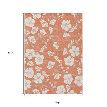 9' X 12' Coral Ivory And Gray Floral Washable Indoor Outdoor Area Rug