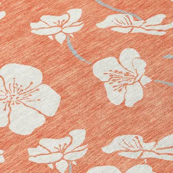 9' X 12' Coral Ivory And Gray Floral Washable Indoor Outdoor Area Rug