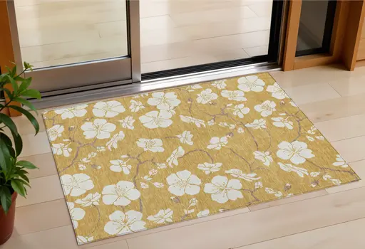 3' X 5' Gold Ivory And Brown Floral Washable Indoor Outdoor Area Rug
