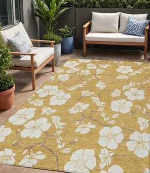 5' X 8' Gold Ivory And Brown Floral Washable Indoor Outdoor Area Rug